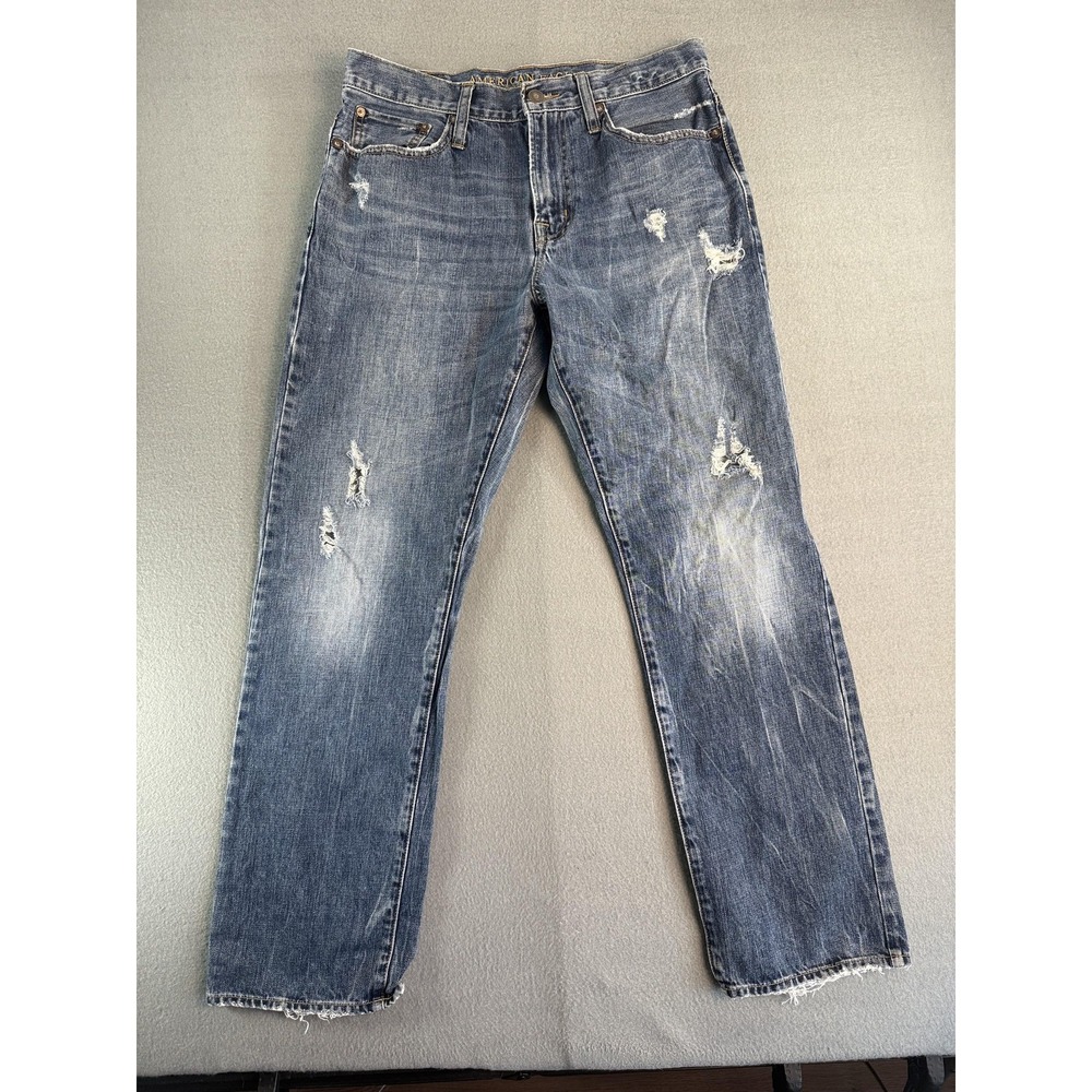 American Eagle Relaxed Straight Jeans Mens 32x32 Med Wash Blue Distressed Denim